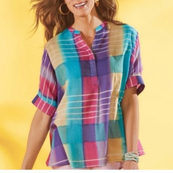Soft Surroundings Tops - Soft Surroundings Painterly Plaid Oversized Short Sleeve Size  Top Blouse Sz XS